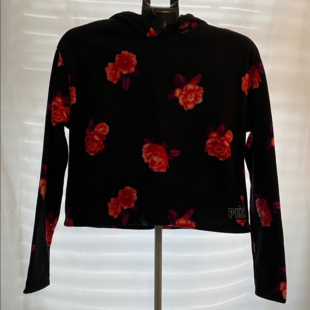 PINK Victoria's Secret Black Knit Hoodie with Red Floral Design Small NWOT